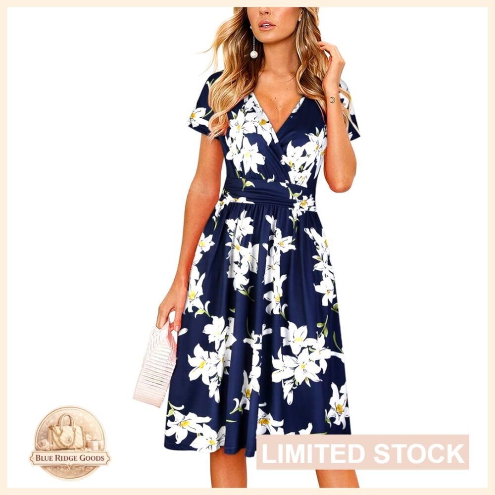 Wrap V Neck A Line Midi Dress with Pockets Casual Summer Elegant Chic